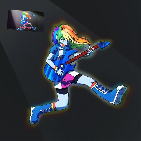 Size: 1434x1434 | Tagged: safe, artist:dusknebula, derpibooru import, rainbow dash, human, equestria girls, g4, awesome as i want to be, black background, boots, clothes, compression shorts, eyes closed, female, guitar, image, jpeg, knee-high boots, midair, musical instrument, my little pony equestria girls: rainbow rocks, open mouth, rocking out, screencap reference, shoes, simple background, skirt, smiling, solo, spotlight, wristband