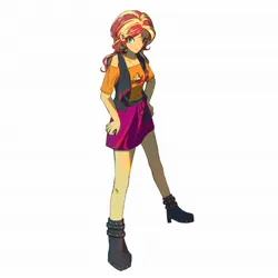 Size: 2048x2048 | Tagged: safe, artist:dusknebula, derpibooru import, sunset shimmer, human, equestria girls, g4, boots, clothes, female, hand on hip, high heel boots, image, jpeg, looking at you, shirt, shoes, shoulderless, shoulderless shirt, simple background, skirt, smiling, solo, vest, white background