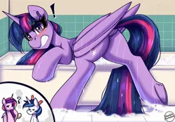 Size: 2500x1750 | Tagged: suggestive, artist:shadowreindeer, derpibooru import, princess cadance, shining armor, twilight sparkle, twilight sparkle (alicorn), alicorn, pony, unicorn, bathroom, bathtub, blushing, butt, dock, exclamation point, eye clipping through hair, frog (hoof), gritted teeth, head lump, horn, image, jpeg, looking at you, looking back, looking back at you, plot, question mark, startled, tail, teeth, twibutt, underhoof, we don't normally wear clothes, wet