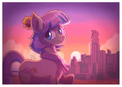 Size: 2880x2061 | Tagged: safe, artist:bkiltersot, derpibooru import, coco pommel, earth pony, pony, g4, blue eyes, city, cityscape, cutie mark, female, image, looking at you, manehattan, mare, passepartout, png, scenery, solo, sunset