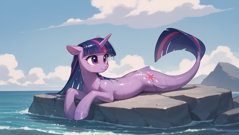 Size: 3840x2176 | Tagged: safe, ai content, derpibooru import, generator:tponynai3, machine learning generated, prompter:truekry, twilight sparkle, seapony (g4), g4, cloud, dorsal fin, female, fin, fins, fish tail, flowing mane, flowing tail, horn, image, looking away, lying down, ocean, png, prone, race swap, rock, scales, seaponified, seapony twilight, sky, solo, species swap, sunlight, tail, wallpaper, water, wet, wet mane