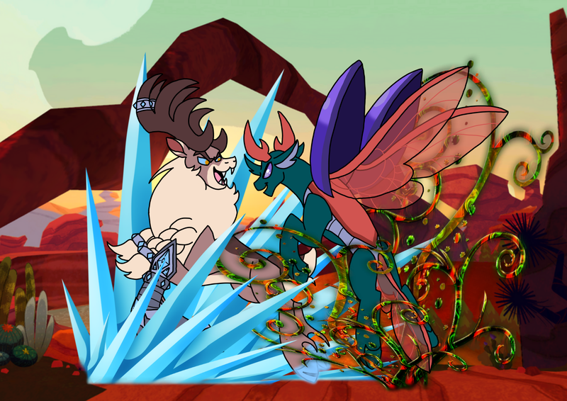 Size: 1414x1000 | Tagged: safe, artist:zetikoopa, derpibooru import, pharynx, changedling, changeling, deer, reindeer, them's fightin' herds, g4, community related, fight, gauntlet, ice magic, image, looking at each other, looking at someone, male, nature magic, png, prince pharynx, sianach, smiling, smiling at each other, sparring, stronghoof hoofstrong (tfh)