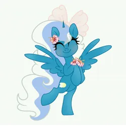 Size: 6890x6890 | Tagged: safe, artist:riofluttershy, derpibooru import, oc, oc:fleurbelle, unofficial characters only, alicorn, pony, alicorn oc, blushing, bow, eyes closed, female, flower, flower in hair, hair bow, holding, horn, image, jpeg, mare, pink bow, simple background, smiling, solo, standing, standing on one leg, tail, two toned hair, two toned mane, two toned tail, white background, wings