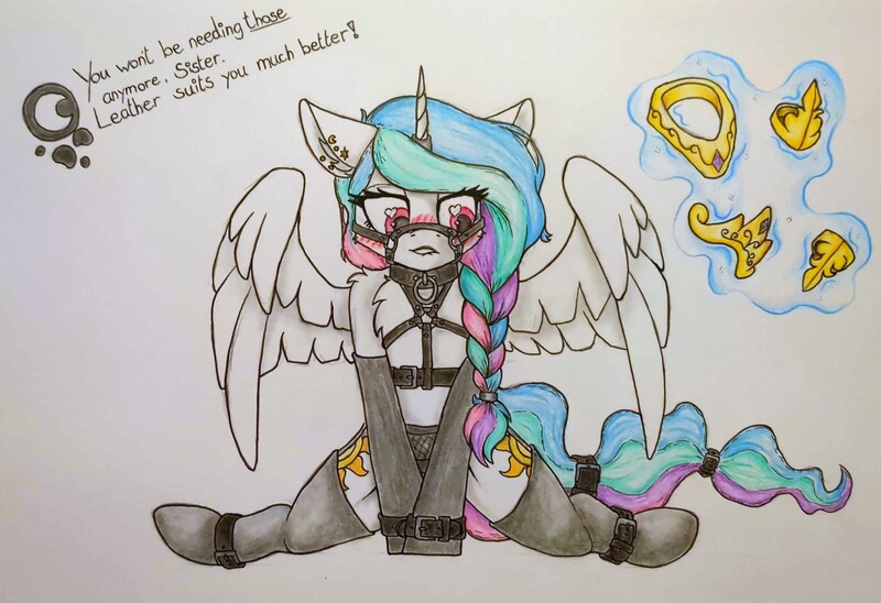 Size: 2966x2031 | Tagged: questionable, artist:cmdraj, derpibooru import, princess celestia, alicorn, pony, g4, ankle cuffs, blushing, bondage, clothes, collar, crown, cuffs, dialogue, ear piercing, female, femsub, halter, harness, heart, heart eyes, hoof shoes, horn, horn ring, image, implied princess luna, jewelry, jpeg, kneeling, lip bite, magic, magic aura, offscreen character, partially open wings, peytral, piercing, regalia, ring, socks, solo, stockings, sublestia, submissive, tack, tail, tailcuff, thigh highs, tied tail, traditional art, wingding eyes, wings