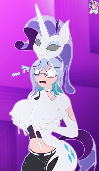 Size: 2376x4096 | Tagged: questionable, artist:skyspeardraw, ponerpics import, rarity, oc, unofficial characters only, anthro, goo, human, breasts, clothes, female, glasses, image, jpeg, latex, nipples, nudity, shocked expression