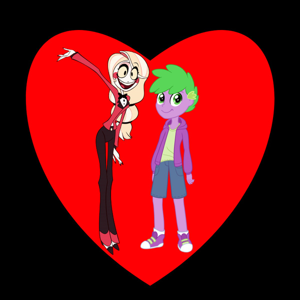 Size: 800x800 | Tagged: safe, derpibooru import, spike, human, equestria girls, g4, charlie morningstar, crossover, crossover shipping, female, hazbin hotel, hellaverse, human spike, humanized, image, jpeg, male, ship:sparlie, shipping, shipping heart, straight