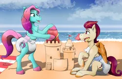 Size: 2382x1547 | Tagged: safe, artist:padded_red_dragon, derpibooru import, rocky riff, pony, g5, beach, diaper, diaper fetish, fetish, image, jazz hooves, mouth hold, ocean, png, poofy diaper, sandcastle, water