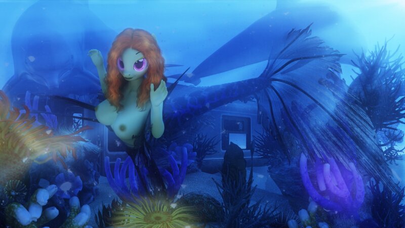 Size: 2048x1152 | Tagged: questionable, artist:dashie116, ponerpics import, adagio dazzle, anthro, mermaid, 3d, breasts, female, image, jpeg, mermaidized, nipples, nudity, species swap, underwater