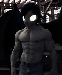 Size: 1707x2048 | Tagged: suggestive, artist:dashie116, ponerpics import, oc, unofficial characters only, anthro, bat pony, 3d, buff, clothes, image, jpeg, male, male nipples, muscles, muscular male, pants