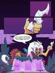 Size: 3600x4800 | Tagged: safe, artist:amendokat, derpibooru import, discord, g4, g5, spoiler:g5comic, broken horn, comic, flower, fridge horror, horn, image, implied changeling, implied chrysalis, implied cozy glow, implied death, implied lord tirek, jpeg, lying down, old man discord, rose, season 10, statue, the implications are horrible, what if