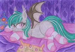 Size: 1157x812 | Tagged: safe, artist:rainbowšpekgs, derpibooru import, oc, oc:malachite cluster, unofficial characters only, bat pony, pony, g4, :p, bat pony oc, bat wings, bed, blanket, clothes, colored pencil drawing, cute, image, looking at you, lying, lying down, male, missing cutie mark, no cutie marks because im lazy, on bed, pillow, png, socks, spread wings, stallion, striped socks, tongue out, traditional art, watercolor painting, watercolor pencil drawing, wings