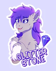 Size: 1963x2474 | Tagged: safe, artist:autumnsfur, derpibooru import, oc, oc:glitter stone, unofficial characters only, earth pony, pony, artwork, badge, blue eyes, blushing, bust, coat markings, con badge, diamond, diamond cutie mark, digital art, ear fluff, eyelashes, eyeshadow, female, fluffy, gray coat, gray fur, grey fur, happy, high res, image, long hair, long mane, looking up, makeup, mare, name, open mouth, outline, png, portrait, purple ears, purple eyes, purple hair, purple mane, raised hoof, remake, simple background, socks (coat marking), solo, text, white outline