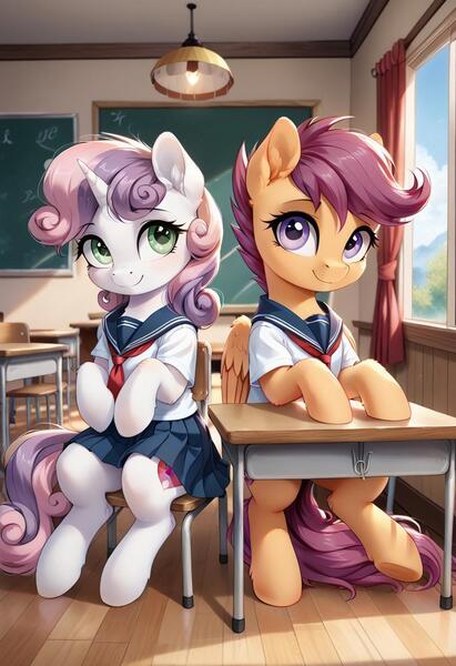 Size: 800x1169 | Tagged: safe, ai content, derpibooru import, machine learning generated, prompter:gregorymars, stable diffusion, scootaloo, sweetie belle, pegasus, pony, semi-anthro, unicorn, g4, clothes, duo, duo female, female, filly, foal, generator:pony diffusion v6 xl, horn, image, jpeg, mare, school, school uniform, sitting, table