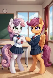 Size: 800x1169 | Tagged: safe, ai content, derpibooru import, machine learning generated, prompter:gregorymars, stable diffusion, scootaloo, sweetie belle, pegasus, pony, semi-anthro, unicorn, g4, bipedal, clothes, duo, duo female, female, filly, foal, generator:pony diffusion v6 xl, horn, image, jpeg, mare, school, school uniform, standing, table