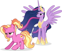 Size: 4859x4001 | Tagged: safe, artist:cirillaq, derpibooru import, luster dawn, princess twilight 2.0, twilight sparkle, twilight sparkle (alicorn), alicorn, pony, unicorn, g4, the last problem, duo, duo female, female, horn, image, jewelry, mare, older, older twilight, older twilight sparkle (alicorn), png, regalia, simple background, spread wings, transparent background, vector, wings