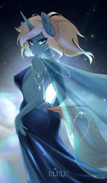 Size: 1199x2048 | Tagged: suggestive, artist:u_lu_lu, ponerpics import, oc, oc:maple parapet, unofficial characters only, anthro, breasts, butt, clothes, curvy, dress, female, image, jewelry, jpeg, looking back, open-back dress, rear view, strapless dress