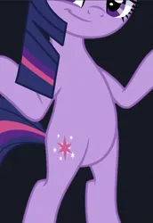 Size: 603x874 | Tagged: safe, artist:savage-bases, artist:twilyisbestpone, derpibooru import, edit, twilight sparkle, pony, unicorn, g4, belly, bipedal, cropped, image, looking at you, pictures of bellies, png, round belly, shrug, smiling, solo, unicorn twilight