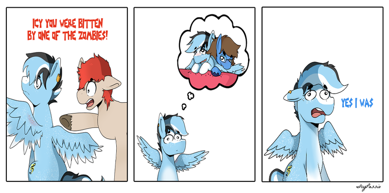 Size: 1024x510 | Tagged: suggestive, artist:icy_passio, derpibooru import, oc, oc:canelo, oc:dusk starshimmer, oc:icylightning, earth pony, pegasus, 3 panel comic, bite mark, comedy, comic, earth pony oc, image, minimalist, modern art, pegasus oc, png, spread wings, wings