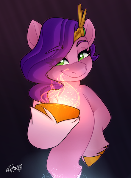 Size: 2200x3000 | Tagged: safe, artist:rivin177, derpibooru import, pipp petals, pegasus, pony, g5, crown, fire, gradient background, halfbody, hooves, image, jewelry, png, raised hoof, regalia, simple background, smiling, smirk, solo