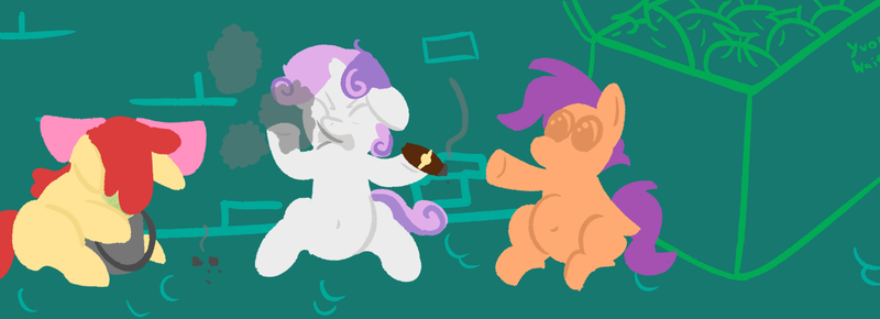 Size: 1543x560 | Tagged: safe, artist:pylony, derpibooru import, apple bloom, scootaloo, sweetie belle, earth pony, pegasus, pony, unicorn, g4, belly, belly button, bucket, cigar, cutie mark crusaders, dumpster, female, filly, foal, group, horn, image, limited palette, missing cutie mark, nausea, png, sitting, smoking