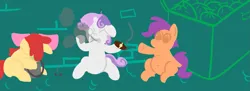 Size: 1543x560 | Tagged: safe, artist:pylony, derpibooru import, apple bloom, scootaloo, sweetie belle, earth pony, pegasus, pony, unicorn, g4, belly, belly button, bucket, cigar, cutie mark crusaders, dumpster, female, filly, foal, group, horn, image, limited palette, missing cutie mark, nausea, png, sitting, smoking