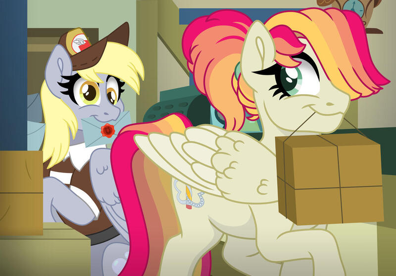 Size: 1280x891 | Tagged: safe, artist:faitheverlasting, derpibooru import, derpy hooves, oc, oc:faith everlasting, pegasus, pony, g4, clothes, commission, duo, duo female, envelope, female, hair over one eye, hat, image, jpeg, letter, looking at each other, looking at someone, looking back, mailmare, mailmare hat, mailmare uniform, mare, mouth hold, package, ponytail, post office, smiling, smiling at each other, uniform, wax seal, ych example, your character here