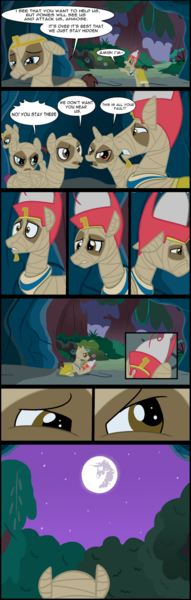 Size: 574x1799 | Tagged: safe, artist:mr100dragon100, derpibooru import, earth pony, pegasus, unicorn, comic:throne of dracula the secret world, cave, comic, crown, disappointed, forest, horn, image, jewelry, mare in the moon, moon, mummy, nature, night, pharaoh, png, queen, regalia, tree