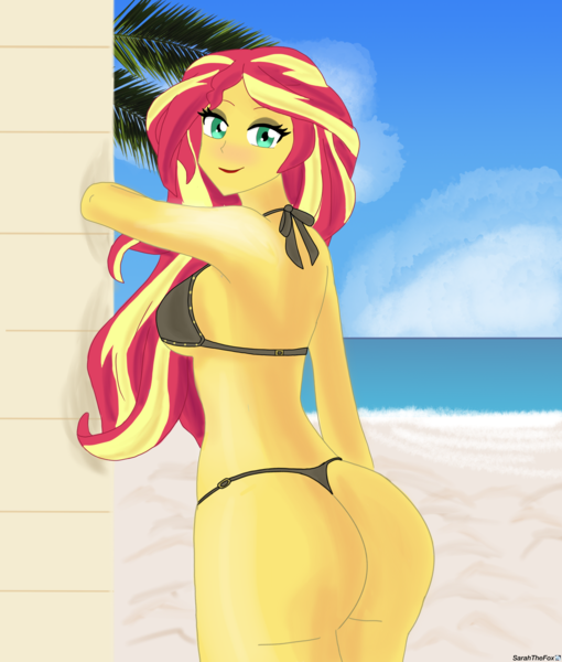 Size: 2550x3000 | Tagged: suggestive, artist:sarahthefox97, derpibooru import, sunset shimmer, human, equestria girls, g4, bikini, breasts, bunset shimmer, busty sunset shimmer, butt, butt focus, clothes, image, looking at you, looking back, looking back at you, png, sideboob, sultry pose, swimsuit