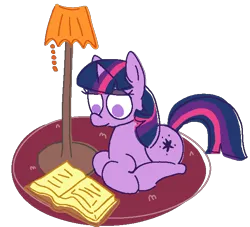 Size: 630x572 | Tagged: safe, artist:pylony, derpibooru import, twilight sparkle, pony, unicorn, g4, book, horn, image, lamp, lying down, pixel-crisp art, png, ponyloaf, prone, reading, rug, simple background, solo, style emulation, transparent background, unicorn twilight