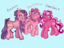 Size: 2048x1535 | Tagged: safe, artist:the-morphiend, derpibooru import, cheerilee (g3), kimono, skywishes, earth pony, pony, g3, female, heart, heart mark, image, jpeg, light blue background, looking at you, mare, signature, simple background, smiling, smiling at you, tail, trio, trio female