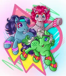 Size: 1766x2048 | Tagged: safe, artist:the-morphiend, derpibooru import, earth pony, pony, g3, g5, blue belle (g5), bridlewoodstock, dreamlands, female, g5 to g3, generation leap, headband, heart, heart mark, image, jewelry, jpeg, mare, minty (g5), necklace, open mouth, open smile, smiling, snuzzle (g5), tail, trio, trio female, wristband