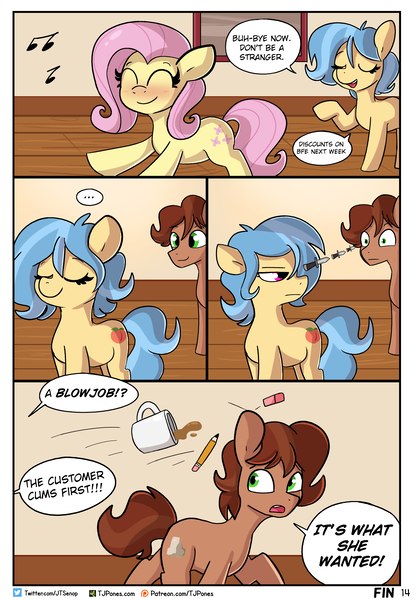 Size: 3992x5742 | Tagged: suggestive, artist:tjpones, derpibooru import, fluttershy, oc, oc:tuff, earth pony, pegasus, pony, comic:the birds and the beaus, ..., absurd resolution, blushing, coffee mug, comic, cute, dialogue, eraser, eyes closed, female, frown, furrowed brow, glare, image, male, mare, mug, music notes, open mouth, open smile, pencil, png, shyabetes, smiling, speech bubble, stallion, staring daggers, throwing, trio, wingless