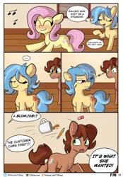 Size: 3992x5742 | Tagged: suggestive, artist:tjpones, derpibooru import, fluttershy, oc, oc:tuff, earth pony, pegasus, pony, comic:the birds and the beaus, ..., absurd resolution, blushing, coffee mug, comic, cute, dialogue, eraser, eyes closed, female, frown, furrowed brow, glare, image, male, mare, mug, music notes, open mouth, open smile, pencil, png, shyabetes, smiling, speech bubble, stallion, staring daggers, throwing, trio, wingless