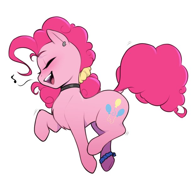 Size: 3912x3760 | Tagged: safe, artist:captainpudgemuffin, derpibooru import, pinkie pie, earth pony, pony, anklet, blushing, chest fluff, chokerpie, cute, diapinkes, ear piercing, earring, emanata, eyes closed, image, jewelry, jpeg, music notes, open mouth, piercing, scrunchie, simple background, singing, smiling, solo, white background