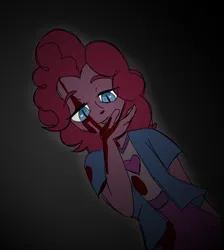 Size: 1664x1856 | Tagged: semi-grimdark, anonymous artist, derpibooru import, pinkie pie, human, equestria girls, g4, blood, blue eyes, clothes, female, gradient background, higurashi no naku koro ni, image, licking blood, looking down, png, skirt, solo, solo focus, vignette