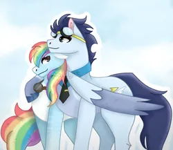 Size: 1280x1113 | Tagged: safe, artist:caitlynsarts, derpibooru import, rainbow dash, soarin', g4, clothes, female, goggles, hoof around neck, hug, image, jpeg, male, necktie, obtrusive watermark, old cutie mark, shipping, soarindash, straight, watermark