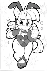 Size: 1809x2728 | Tagged: safe, artist:pabbley, derpibooru import, twilight sparkle, twilight sparkle (alicorn), alicorn, pony, g4, black and white, bowtie, bunny suit, clothes, female, grayscale, image, looking at you, mare, monochrome, necktie, png, simple background, smiling, smiling at you, solo, white background, wide hips