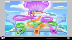 Size: 1015x572 | Tagged: safe, derpibooru import, posey (g5), earth pony, g5, my little pony: tell your tale, spoiler:g5, behind the scenes, cloud, dahlia, day, duo, image, jpeg, swimming pool, tunnel, unshorn fetlocks, upcoming, waterparks