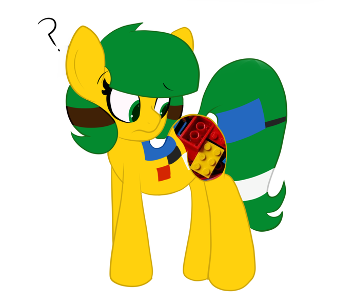 Size: 1150x1000 | Tagged: safe, artist:jerkface, derpibooru import, oc, oc:blocky bits, unofficial characters only, earth pony, pony, brick booty, confused, eyebrows, eyebrows visible through hair, female, forced meme, image, lego, looking back, mare, meme, png, question mark, simple background, solo, white background