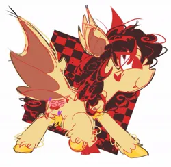 Size: 1075x1049 | Tagged: oc name needed, safe, artist:appledash3r_, derpibooru import, oc, unofficial characters only, bat pony, pony, ambiguous gender, art trade, bat pony oc, bat wings, big ears, blush lines, blushing, brown mane, brown tail, checkered background, claws, colored hooves, colored pinnae, colored sketch, colored wings, ear tufts, eye clipping through hair, eyelashes, facial markings, heart, heart mark, hooves, image, jpeg, no catchlights, no pupils, passepartout, profile, raised hoof, shiny hooves, sketch, smiling, spread wings, standing on three hooves, tail, two toned wings, unshorn fetlocks, wide stance, wing claws, wings, yellow coat, yellow hooves