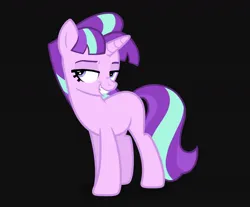 Size: 1208x1000 | Tagged: safe, artist:partyponypower, derpibooru import, edit, vector edit, starlight glimmer, pony, unicorn, g4, alternate universe, bangs, black background, colored eyebrows, evil grin, eyelashes, female, grin, horn, image, jpeg, lidded eyes, long tail, looking away, mare, missing cutie mark, pink coat, purple eyes, s5 starlight, simple background, smiling, solo, standing, tail, teeth, three quarter view, three toned mane, three toned tail, unicorn horn, vector