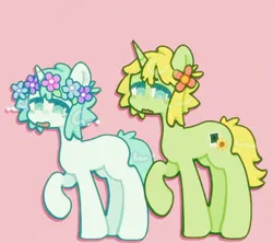 Size: 1080x958 | Tagged: safe, artist:sillyponiez, derpibooru import, ponified, pony, unicorn, basil (omori), blue coat, blue eyes, cyan mane, floral head wreath, flower, green coat, horn, image, jpeg, omori, pink background, raised hoof, simple background, solo