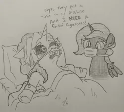 Size: 2895x2608 | Tagged: safe, artist:jargon scott, derpibooru import, oc, oc:dyx, oc:nyx, alicorn, pony, bed, breathing tube, duo, duo female, face mask, female, filly, foal, grayscale, hospital bed, image, implied catheter, jpeg, lying down, mask, monochrome, on back, open mouth, pencil drawing, siblings, sisters, solo, traditional art, underhoof