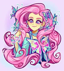 Size: 1832x2048 | Tagged: safe, artist:libbly_libby, derpibooru import, fluttershy, butterfly, human, insect, equestria girls, g4, female, image, jpeg, long hair, makeup, outline, smiling, solo, white outline