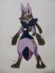 Size: 774x1032 | Tagged: safe, artist:simbiothero, derpibooru import, twilight sparkle, lucario, g4, image, jpeg, pokefied, pokémon, species swap, traditional art, twilicario