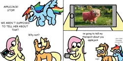 Size: 2000x1000 | Tagged: safe, artist:zoeyhorse, derpibooru import, applejack, fluttershy, rainbow dash, earth pony, pegasus, pony, sheep, g4, a minecraft movie, comic, dialogue, female, hoof hold, image, jpeg, mare, minecraft, missing cutie mark, simple background, trio, trio female, white background