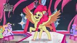 Size: 1920x1080 | Tagged: safe, derpibooru import, official, screencap, pegasus, pony, g5, my little pony: tell your tale, spoiler:g5, spoiler:my little pony: tell your tale, spoiler:tyts02e04, autumn skies, braid, crowd, curtains, ear piercing, earring, female, glasses, happy, image, jazz hearts rocky, jewelry, male, mare, multiple characters, piercing, png, smiling, spread wings, stage, stallion, unshorn fetlocks, watching, wings