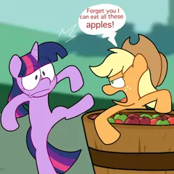 Size: 894x894 | Tagged: safe, artist:plumt-t, derpibooru import, applejack, twilight sparkle, earth pony, pony, unicorn, angry eyes, applejack's hat, bipedal, blonde mane, blonde tail, caption, comic, cowboy hat, dazed, dialogue, digital art, duo, duo female, female, green eyes, hat, horn, image, image macro, orange coat, png, purple coat, purple eyes, speech bubble, stetson, tail, text, tub, two toned mane, two toned tail