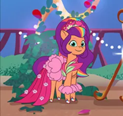 Size: 874x828 | Tagged: safe, derpibooru import, edit, edited screencap, screencap, sunny starscout, earth pony, pony, g5, my little pony: tell your tale, leak, spoiler:g5, spoiler:my little pony: tell your tale, bush, clothes, cyan eyes, dress, flower, flower in hair, image, looking at you, mane stripe sunny, png, smiling, smiling at you, unshorn fetlocks, upcoming