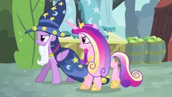 Size: 1920x1088 | Tagged: safe, derpibooru import, screencap, princess cadance, twilight sparkle, twilight sparkle (alicorn), alicorn, pony, g4, season 4, three's a crowd, beard, clothes, costume, duo, duo female, facial hair, female, folded wings, hair over one eye, hat, horn, image, jewelry, jpeg, multicolored hair, multicolored mane, multicolored tail, regalia, star swirl the bearded costume, tail, wings